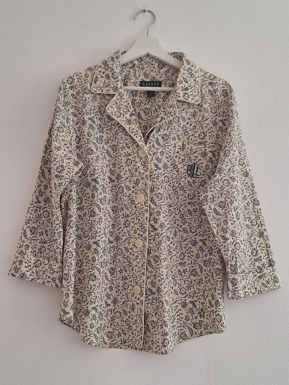 NWOT Ralph Lauren Printed Pajama-Style Button Front Top in Cream & Navy